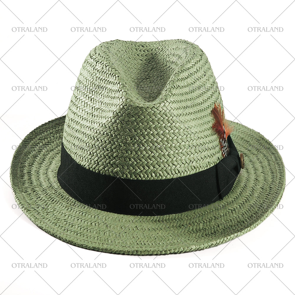 Straw Trilby Fedora Hat - Avocado + Black