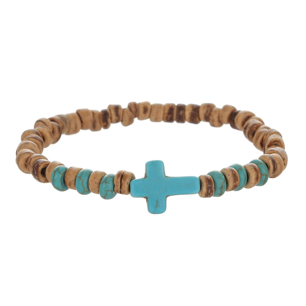 Coconut Shell Wood Chip Turquoise Cross Bracelet