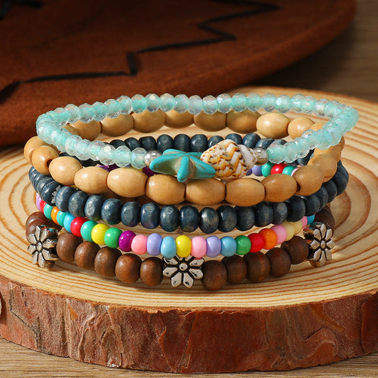 Turquoise Starfish Small Flower Wooden Bead Bracelet