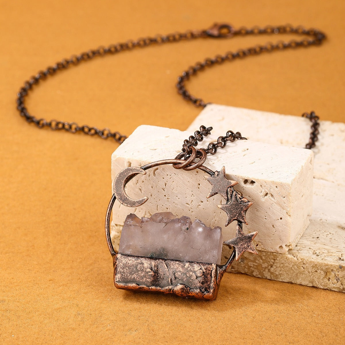 Amethyst Buds Rectangular Combination Moon And Stars Necklace