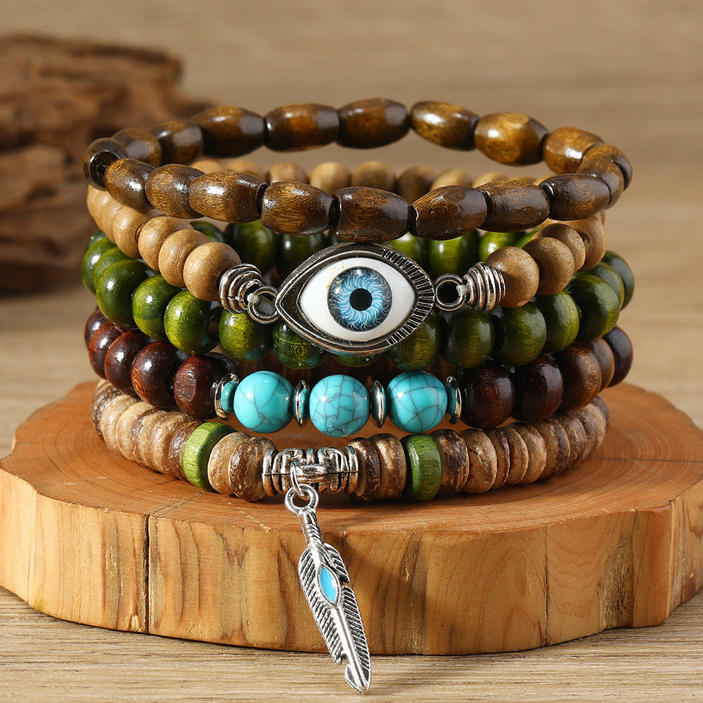 Lucky Eye Feather Multi-Layered Wooden Beads Beaded Bracelet