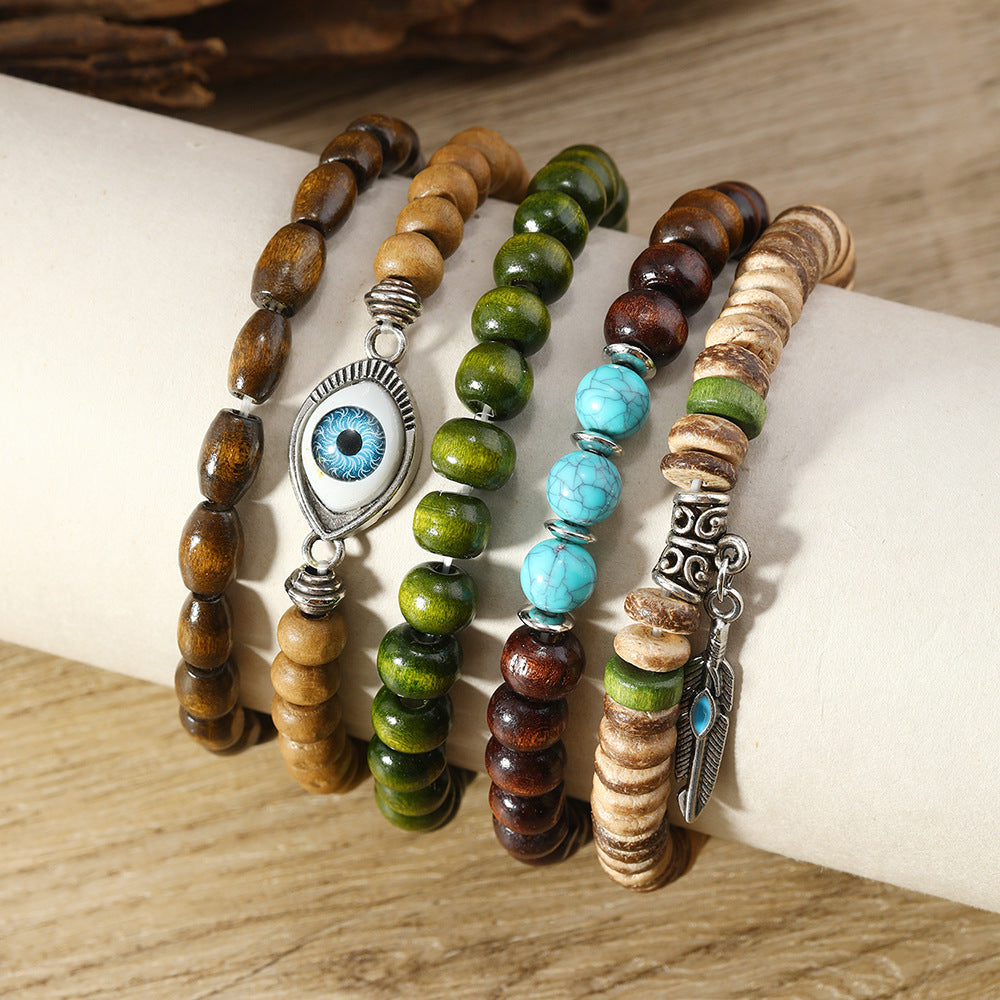 Lucky Eye Feather Multi-Layered Wooden Beads Beaded Bracelet