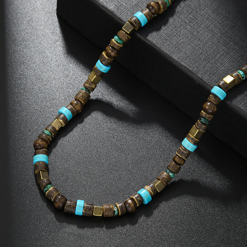 Turquoise Metal and Wood Bead Patchwork Necklace