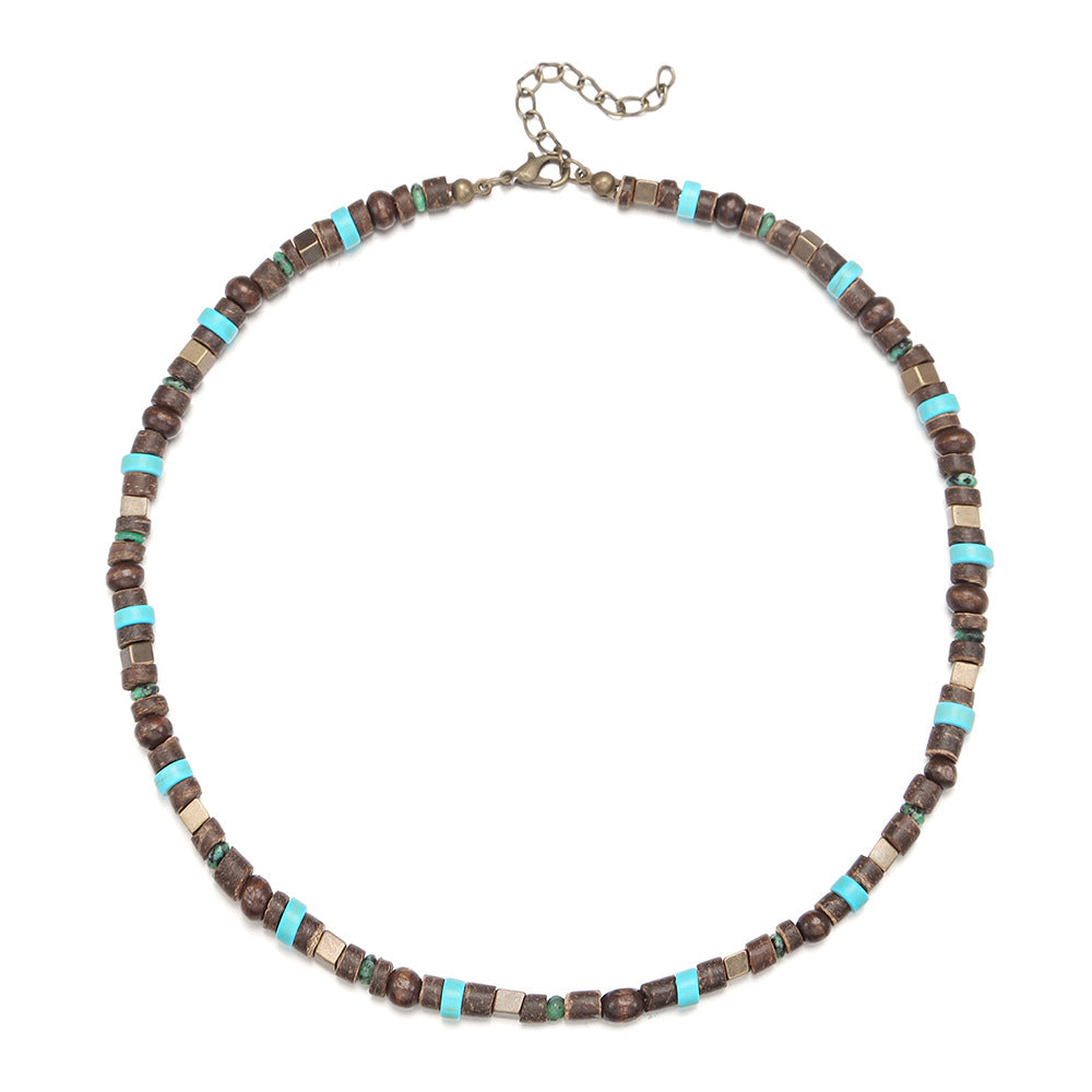 Turquoise Metal and Wood Bead Patchwork Necklace