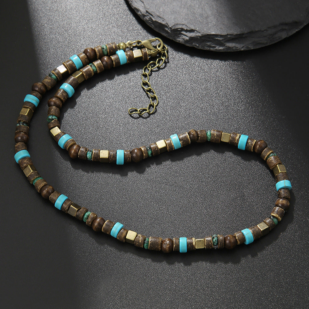 Turquoise Metal and Wood Bead Patchwork Necklace