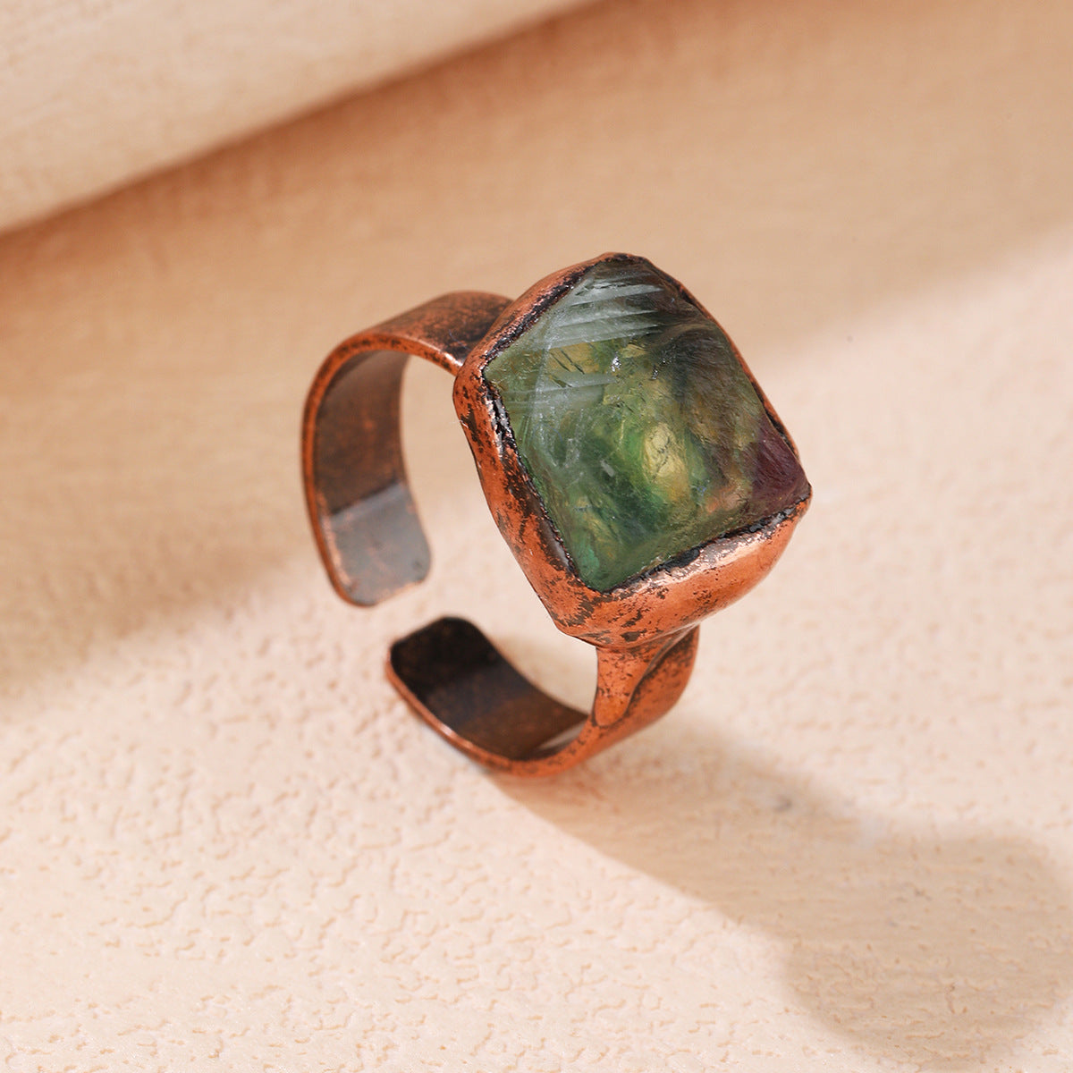 Vintage Style Natural Green Fluorite Open End Ring