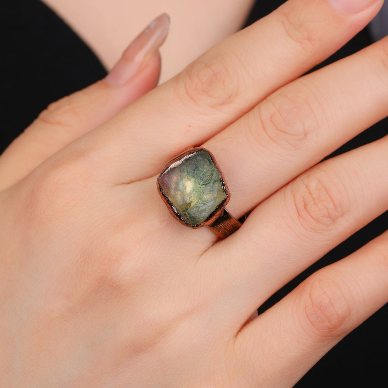 Vintage Style Natural Green Fluorite Open End Ring