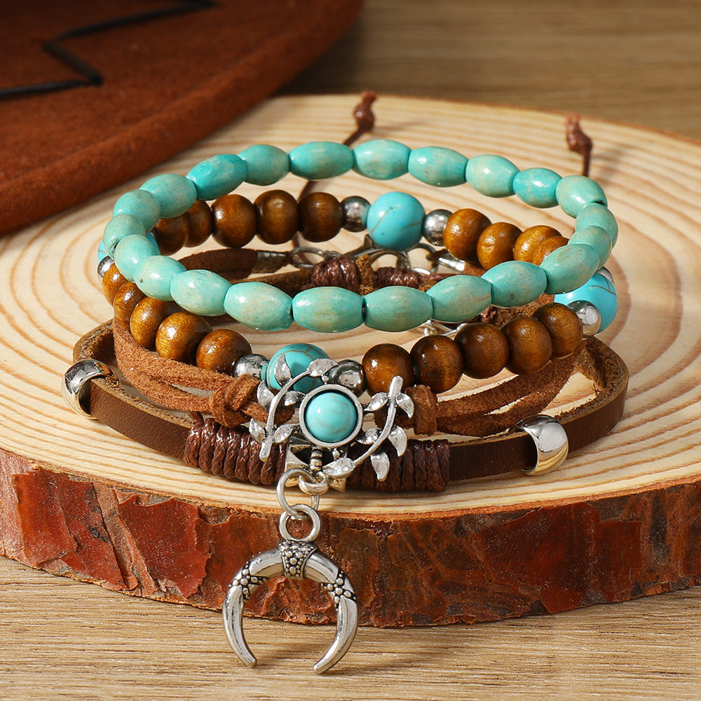 Turquoise Horn Leaf Wooden Bead Bracelet